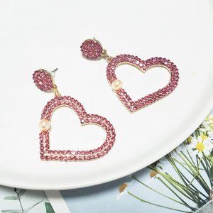 2" hot pink CZ crystal faux white pearl prom pageant earrings, bridal jewelry